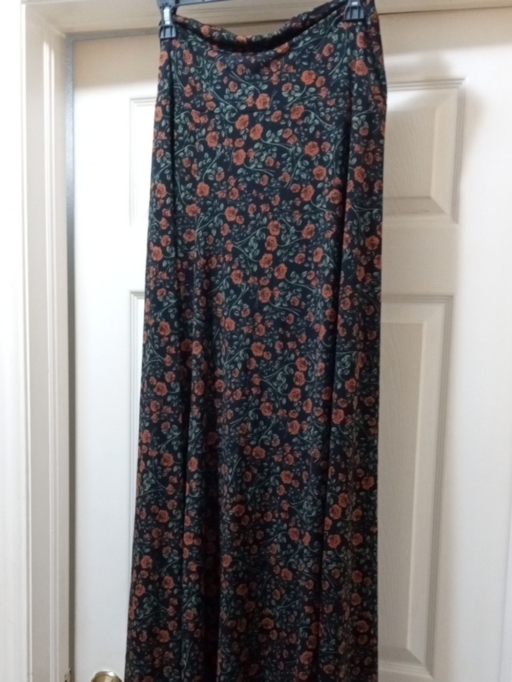 LuLaRoe Black Maxi Skirt with Rust Roses and Green Vines